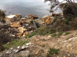 Looking down from the source to the fallen boulders. Southern end of Spring Beach.